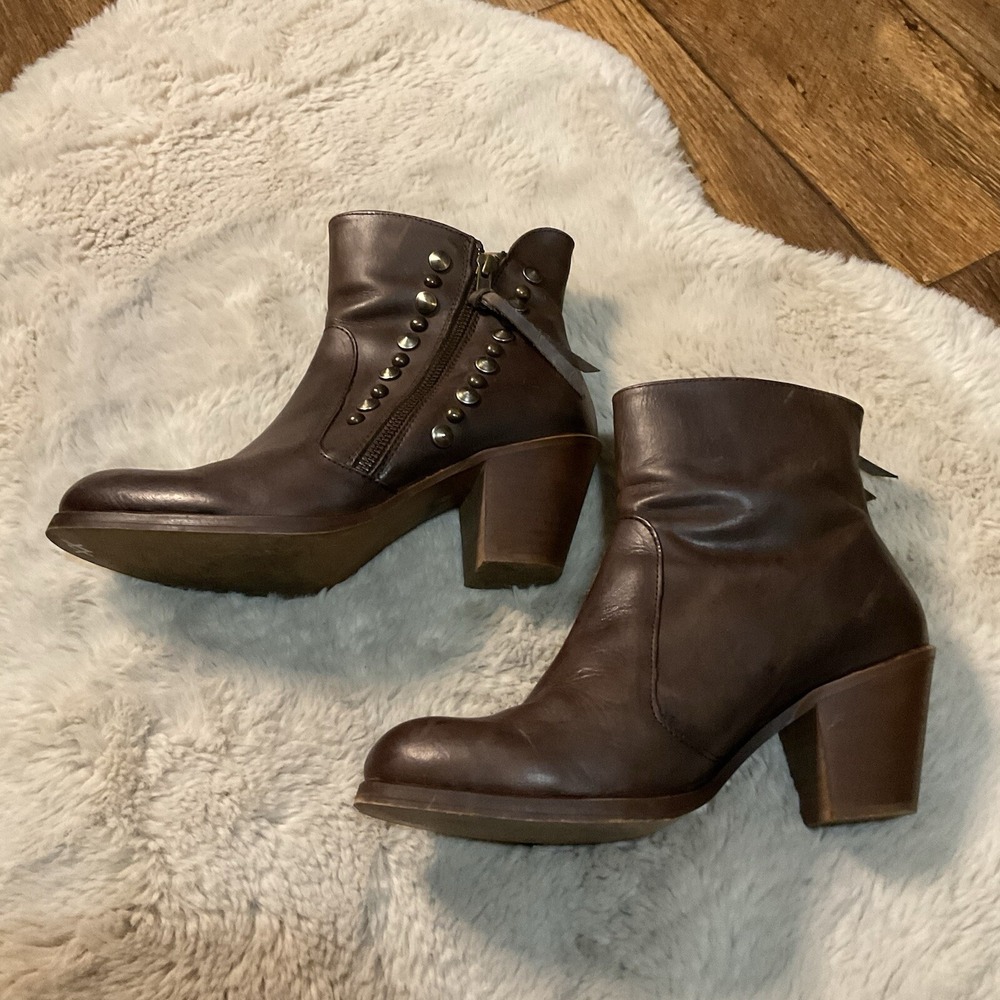 Chio Studded Block Heel Bootie Size 40 Brown Kissre Side Zip Made Spain Boots - Picture 5 of 11